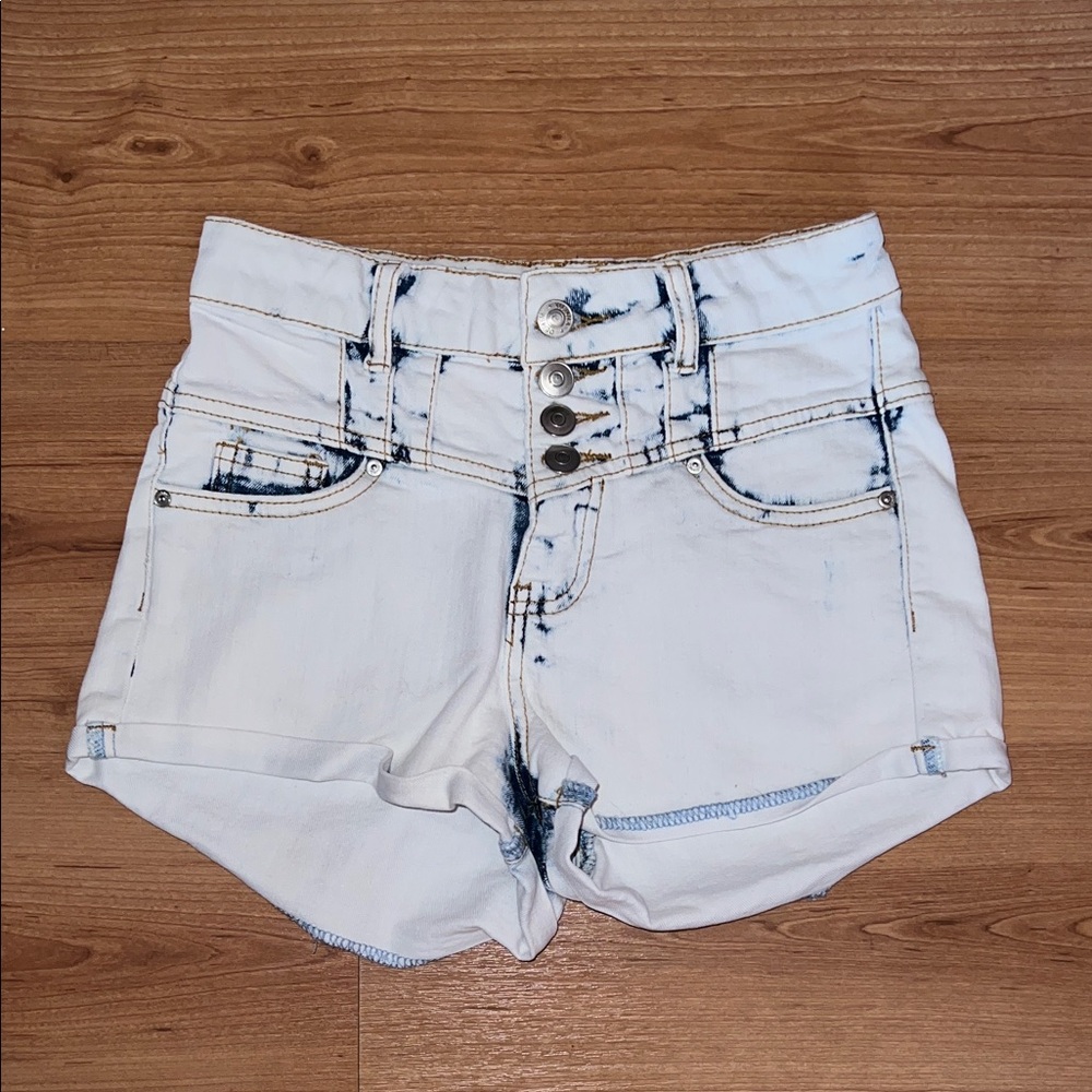 High-Rise White Acid-Wash Denim Shorts